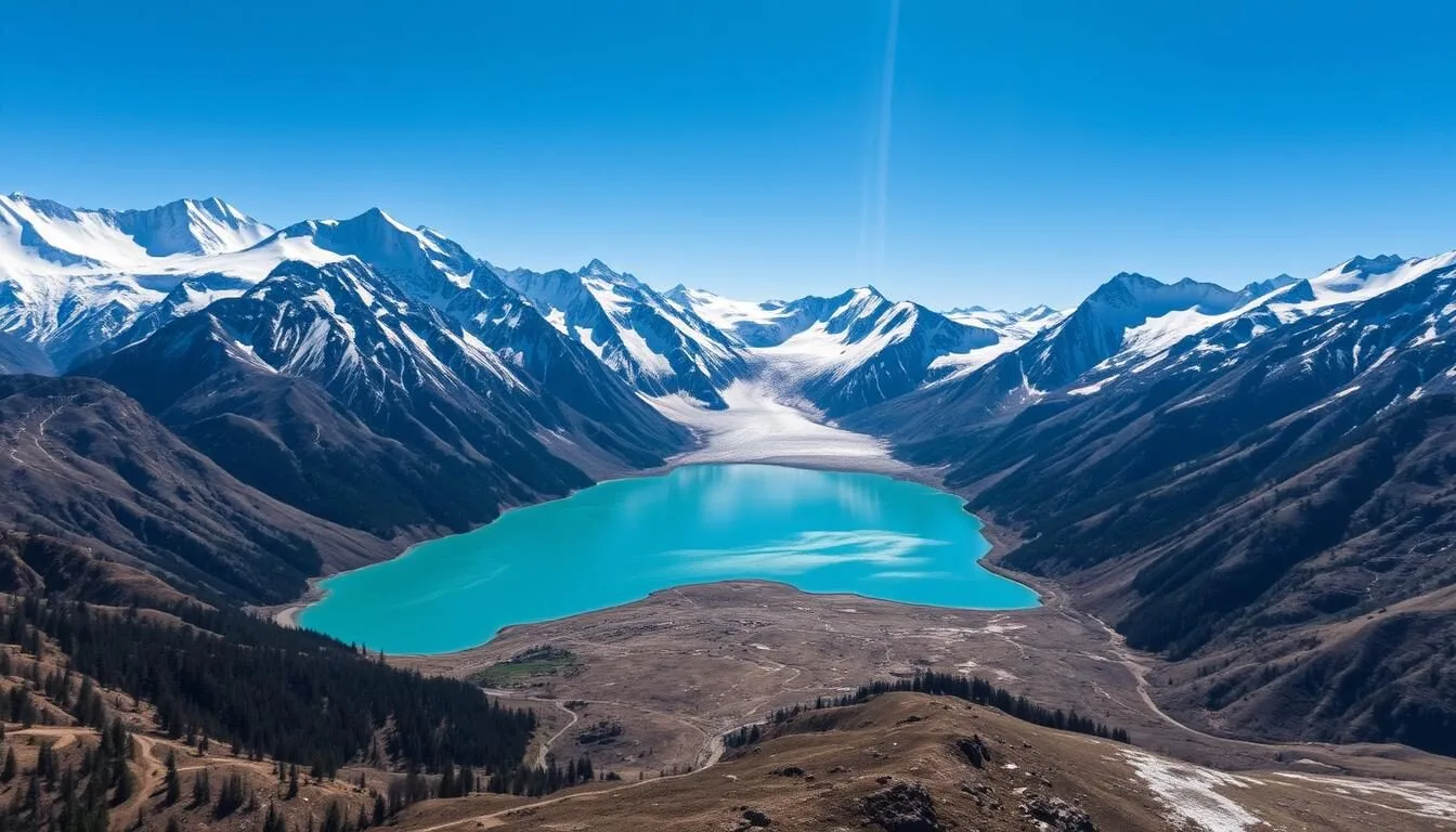 Aerial view of Raphstreng Tsho glacial lake in Bhutan with turquoise waters surrounded by snow-capped mountains