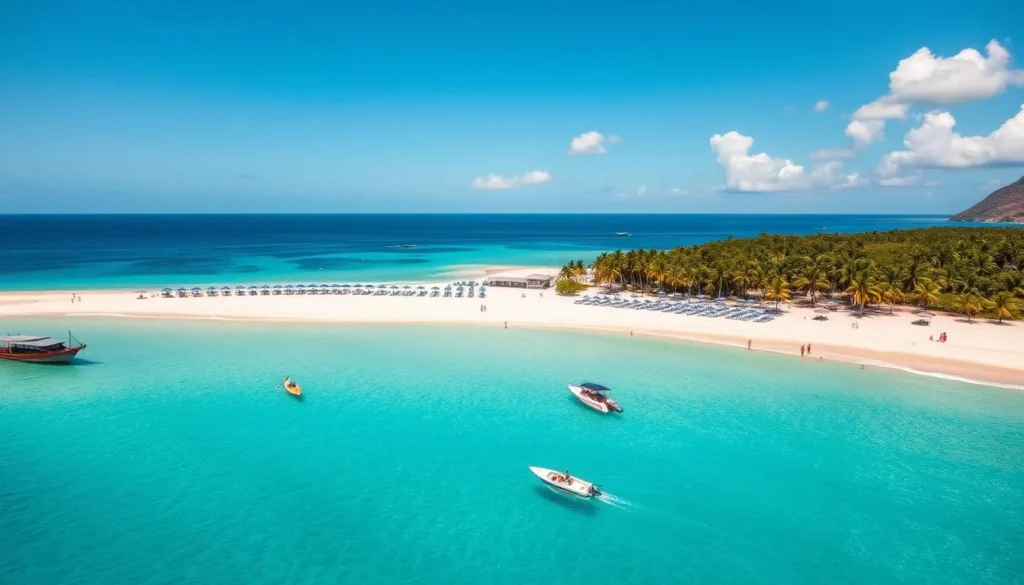 Aerial view of Reduit Beach in St. Lucia with white sand and turquoise waters