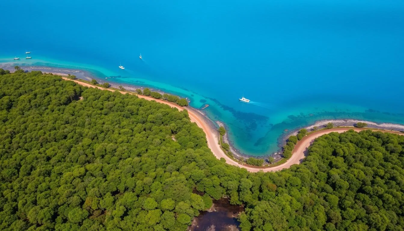 Aerial view of Rio Kruta National Park showing the winding river through lush mangrove forests with the Caribbean Sea in the background