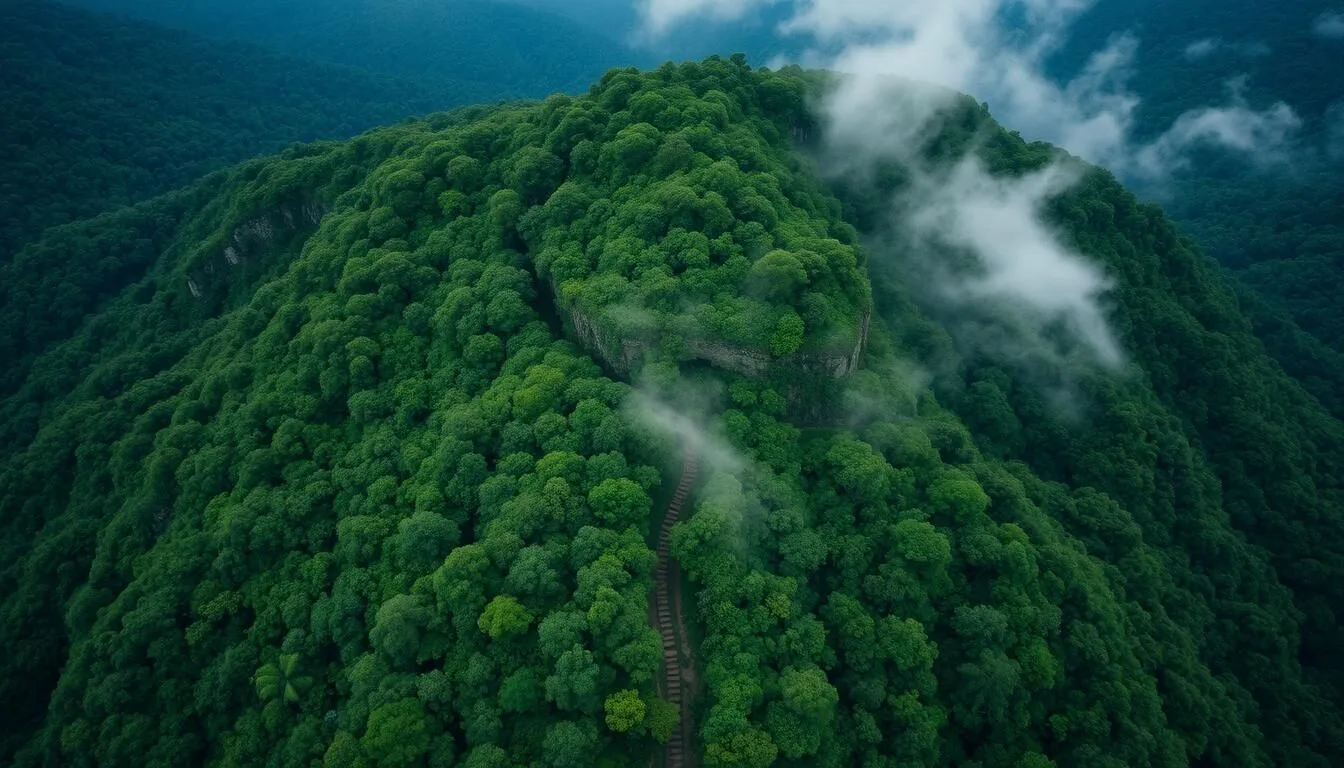 Aerial view of Ritigala Mountain Range in Sri Lanka showing the lush forest canopy with ancient stone pathways visible through the trees