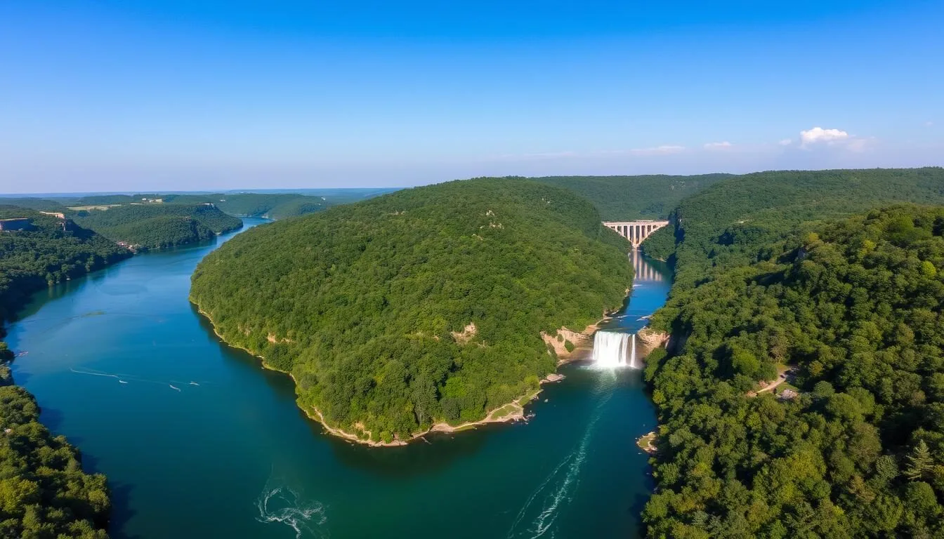 Aerial-view-of-Rock-Island-State-Park-showing-the-confluence-of-the-Caney-Fork-and-Collins Aerial view of Rock Island State Park showing the confluence of the Caney Fork and Collins Rivers with stunning waterfalls and forested areas