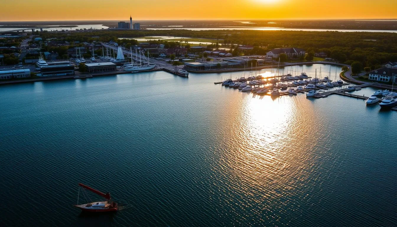 Aerial-view-of-Rockwall-Texas-showing-Lake-Ray-Hubbard-and-the-Harbor-district-at-sunset Aerial view of Rockwall, Texas showing Lake Ray Hubbard and the Harbor district at sunset