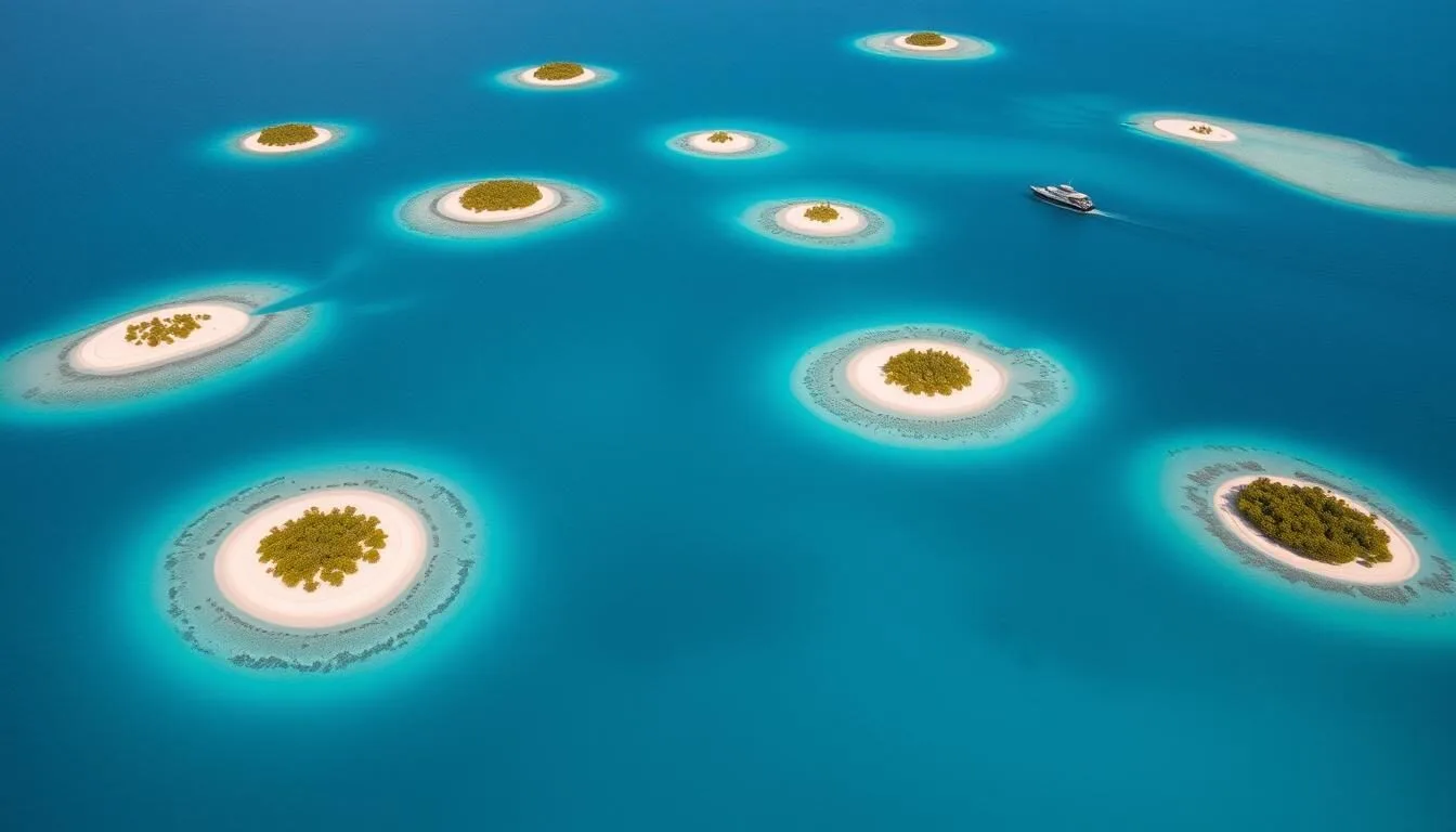 Aerial view of Rosario Islands Colombia showing turquoise waters and small coral islands