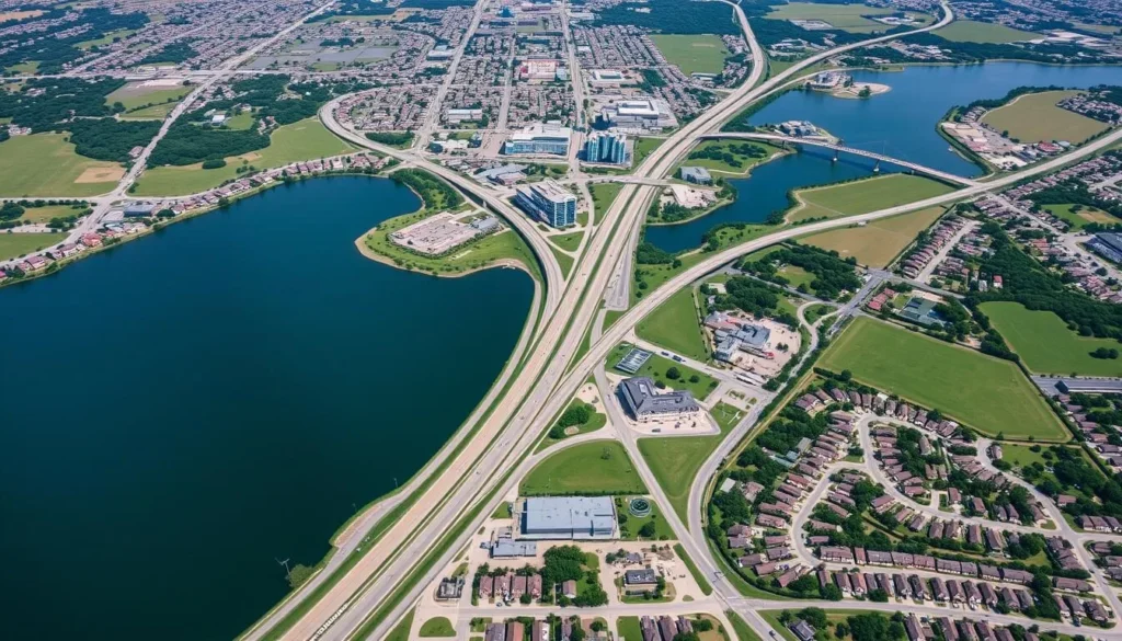 Aerial view of Rowlett, Texas showing Lake Ray Hubbard and major highways