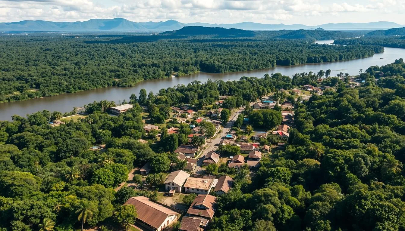 Aerial view of Rurrenabaque town with the Rio Beni river and surrounding Amazon rainforest