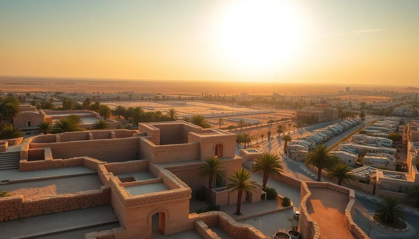 Aerial view of Saar, Bahrain showing ancient archaeological site and modern residential areas