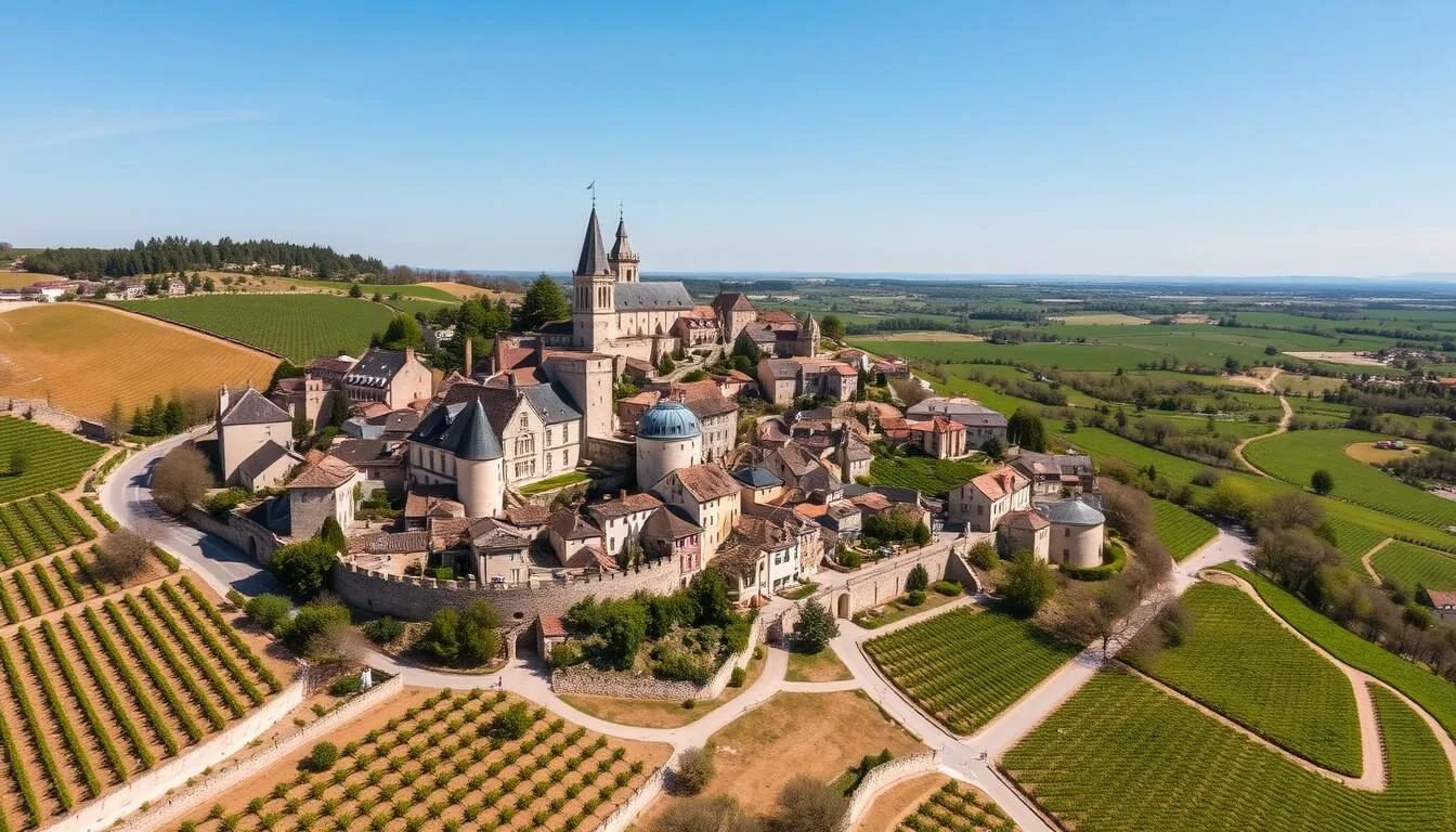 Aerial view of Saint-Emilion's medieval village surrounded by vineyards on a clear spring day