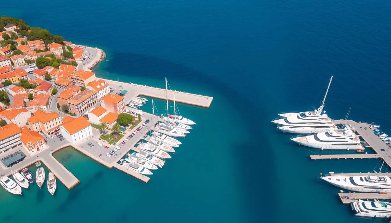 Aerial-view-of-Saint-Tropez-harbor-with-luxury-yachts-and-the-colorful-Mediterranean-buildings- Aerial view of Saint-Tropez harbor with luxury yachts and the colorful Mediterranean buildings on a sunny day