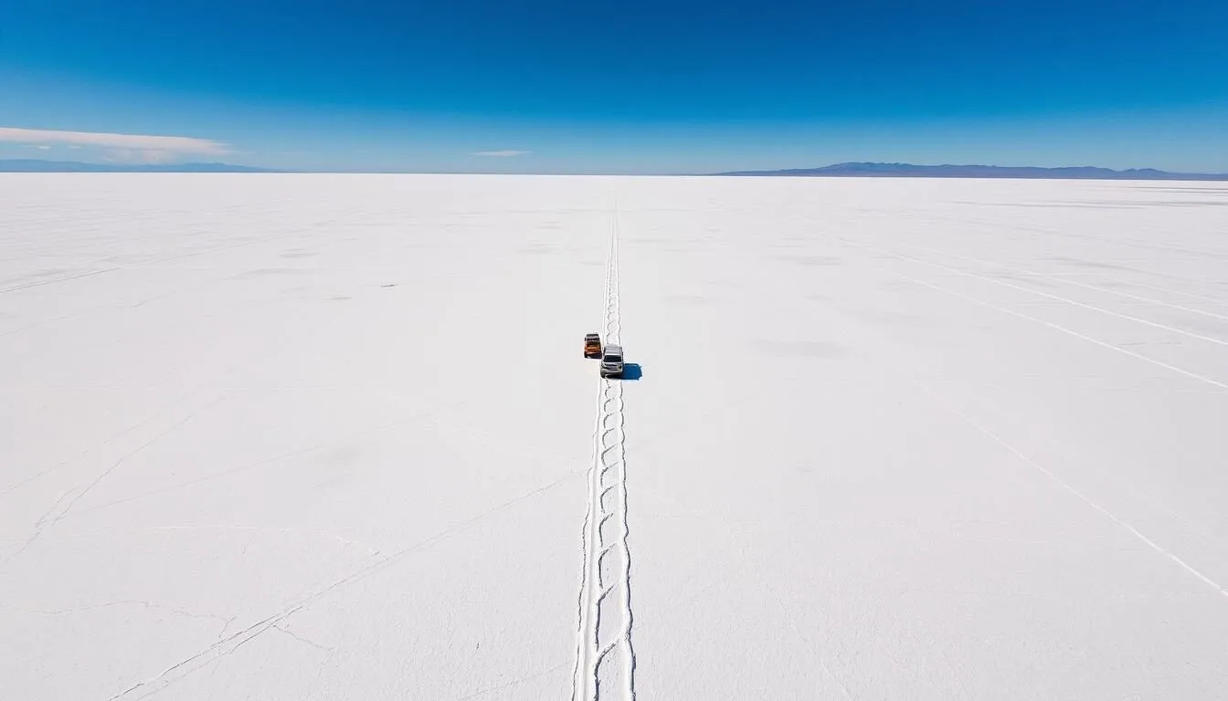 Aerial view of Salar de Uyuni, Bolivia showing the vast white salt flat stretching to the horizon