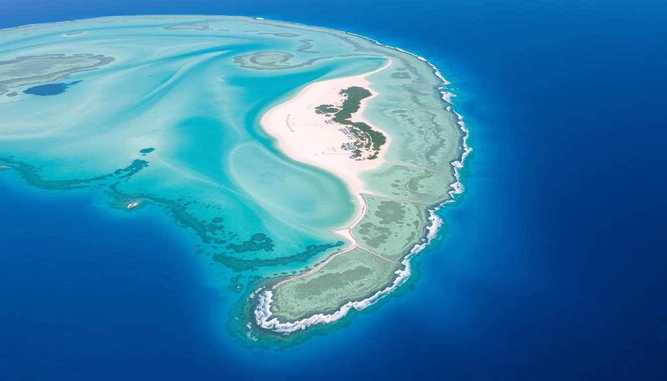 Aerial view of San Andres Island Colombia showing the Sea of Seven Colors
