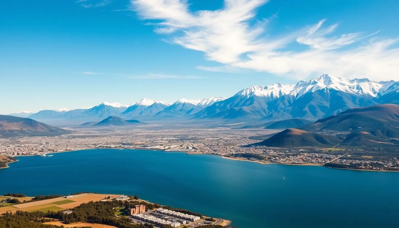Aerial view of San Carlos de Bariloche with Nahuel Huapi lake and surrounding mountains