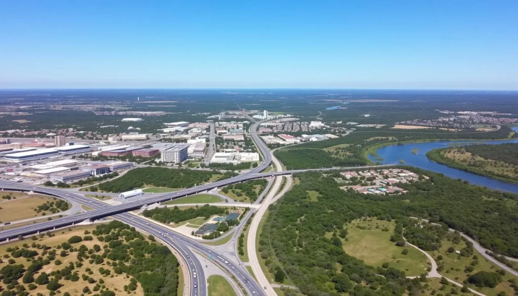 Aerial view of San Marcos, Texas showing the city layout with Interstate 35 running through it Aerial view of San Marcos, Texas showing the city layout with Interstate 35 running through it