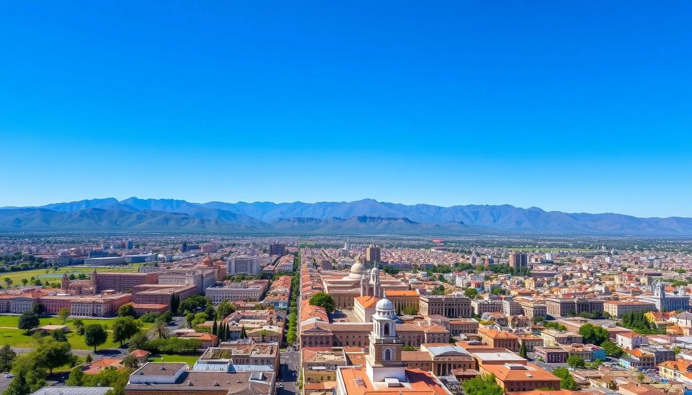 Aerial view of San Miguel de Tucuman city with mountains in the background