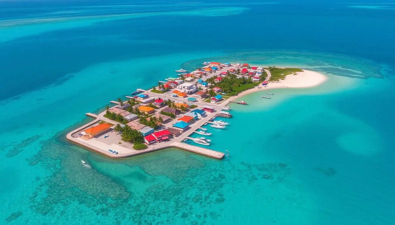 Aerial view of San Pedro, Belize showing the turquoise waters and colorful buildings of Ambergris Caye