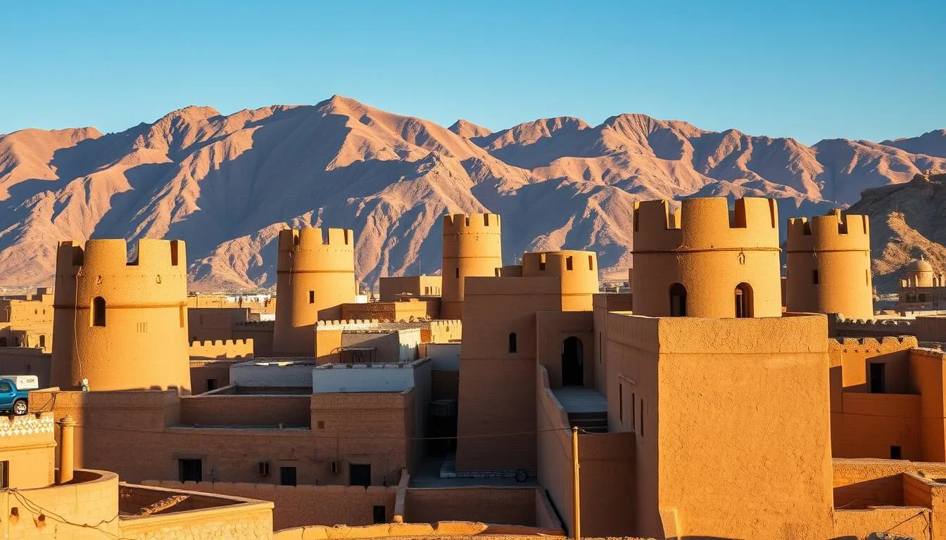 Aerial-view-of-Sanaas-distinctive-mud-brick-tower-houses-with-white-gypsum-decorations Aerial view of Sana'a's distinctive mud-brick tower houses with white gypsum decorations against mountain backdrop