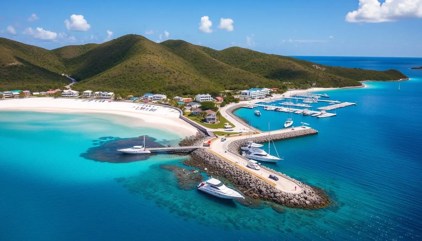 Aerial view of Sandy Ground Village in Anguilla showing the beautiful beach, boats in the harbor, and surrounding hills