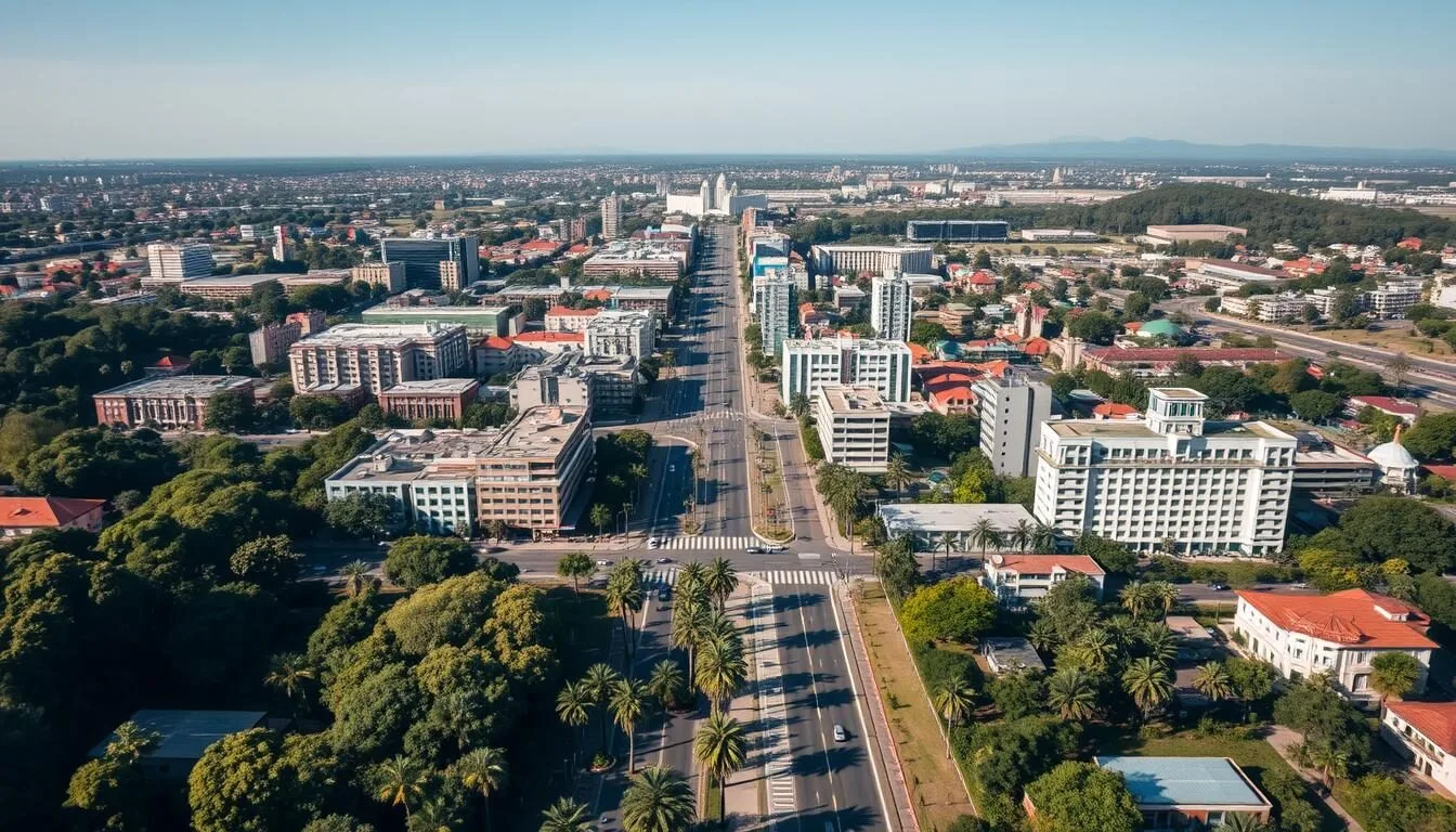 Aerial view of Santa Cruz de la Sierra showing the city layout with palm-lined streets and modern buildings