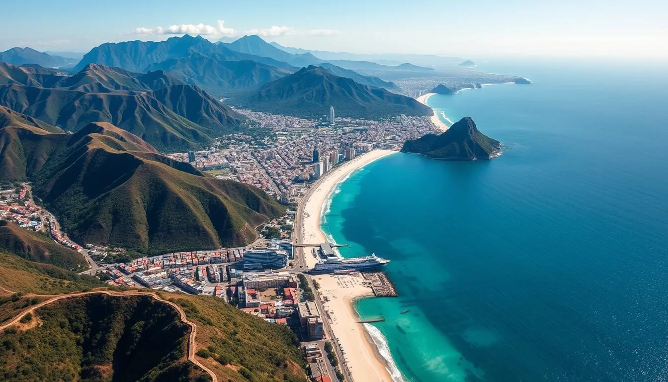 Aerial view of Santa Marta Colombia showing the coastline, mountains, and city layout
