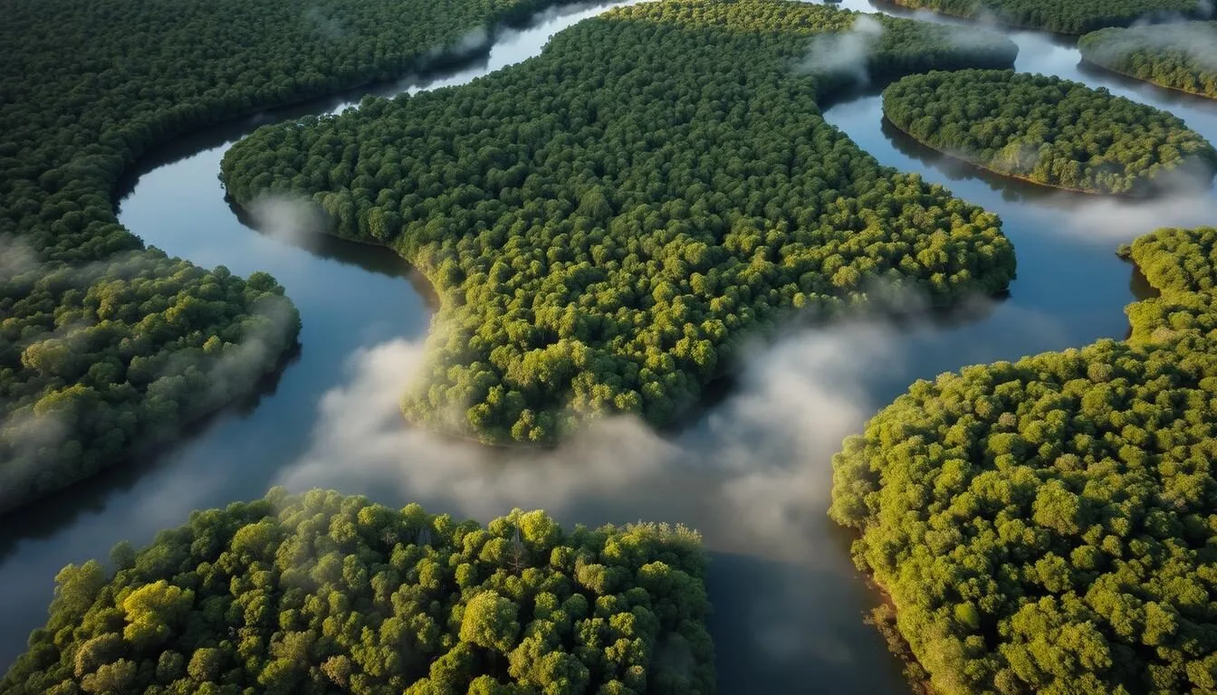 Aerial view of Sarstoon-Temash National Park showing rivers and dense mangrove forests