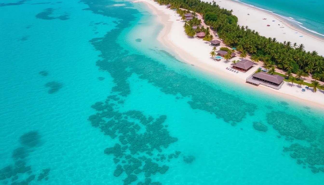 Aerial view of Secret Beach, Belize showing turquoise waters and white sand beaches with several beach bars visible along the shoreline