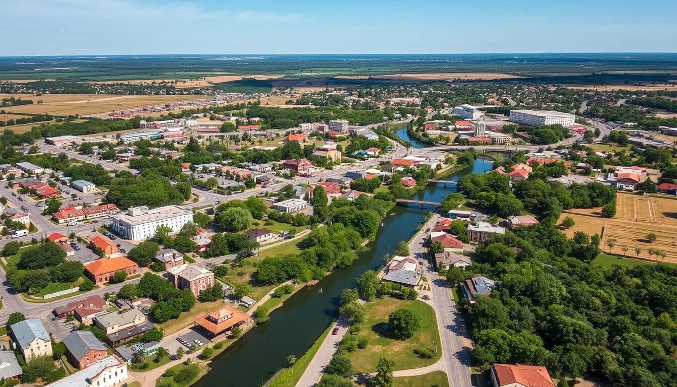 Aerial view of Seguin Texas showing the town layout with the Guadalupe River winding through it