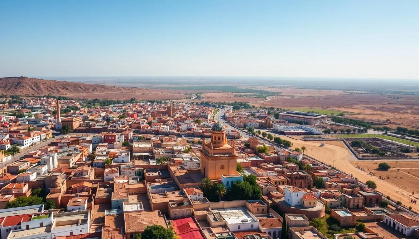 Aerial view of Settat city with its distinctive architecture and surrounding landscape
