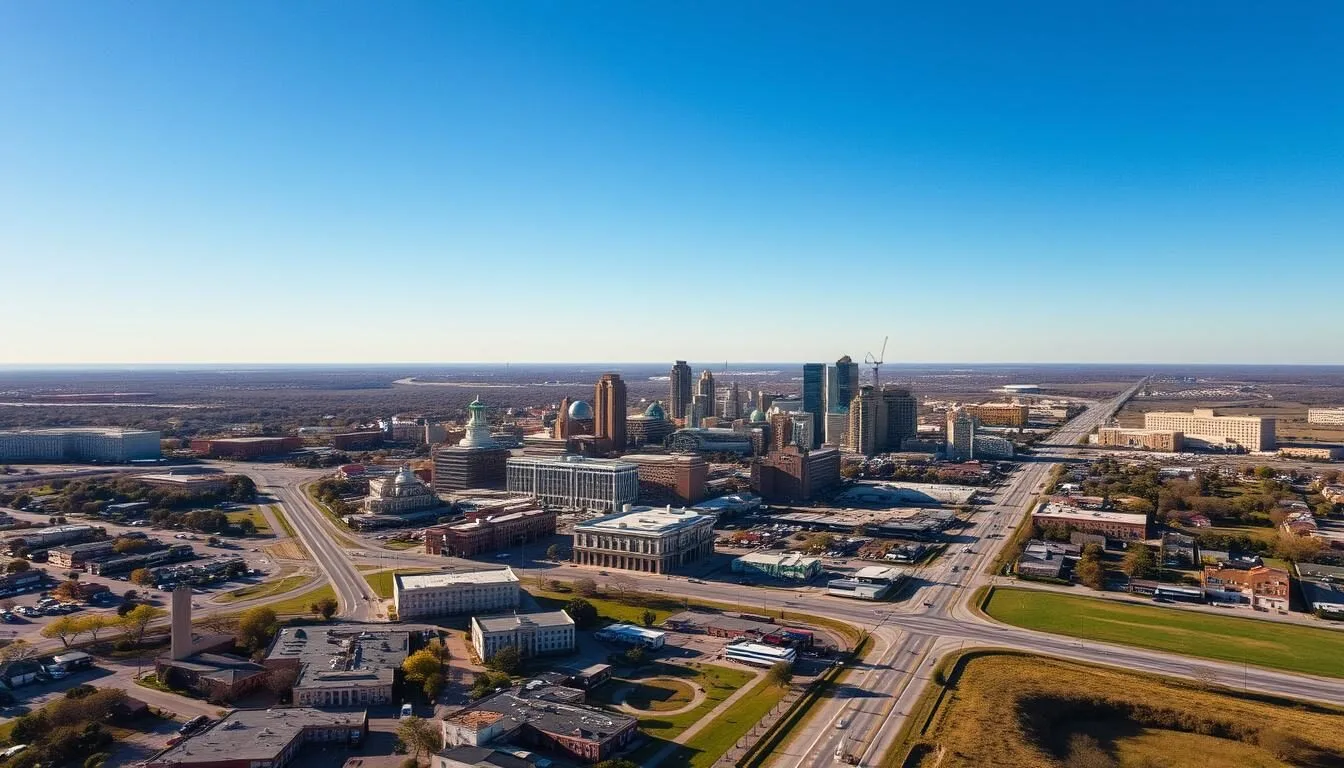 Aerial-view-of-Sherman-Texas-showing-the-city-layout-with-downtown-area-and-surrounding Aerial view of Sherman, Texas showing the city layout with downtown area and surrounding neighborhoods