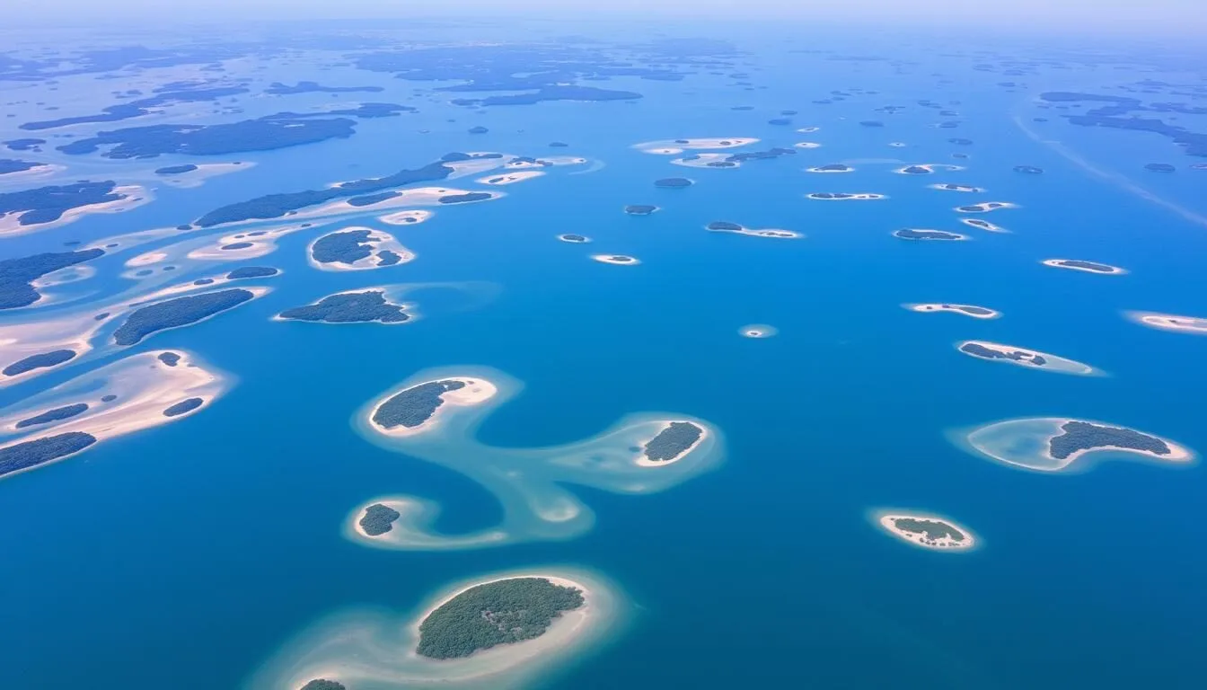 Aerial view of Si Phan Don (4000 Islands) in the Mekong River, showing multiple islands surrounded by blue water