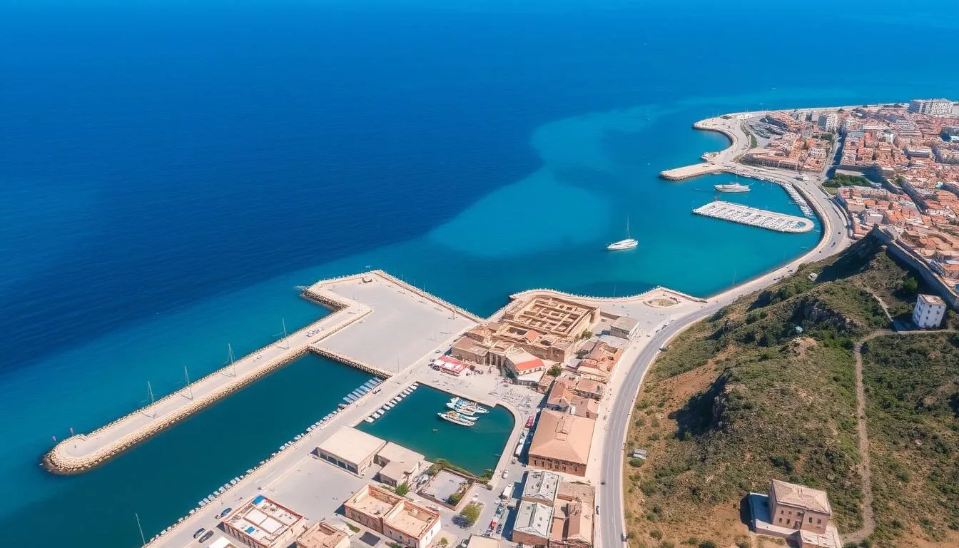 Aerial view of Sidon Lebanon coastline showing the Mediterranean Sea and the historic city