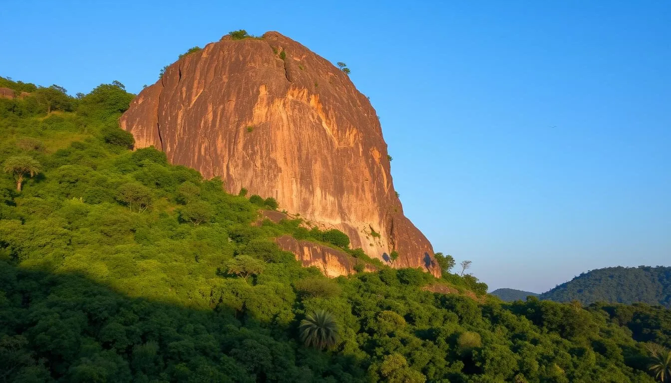 Aerial view of Sigiriya Rock Fortress rising from the lush green jungle in Sri Lanka