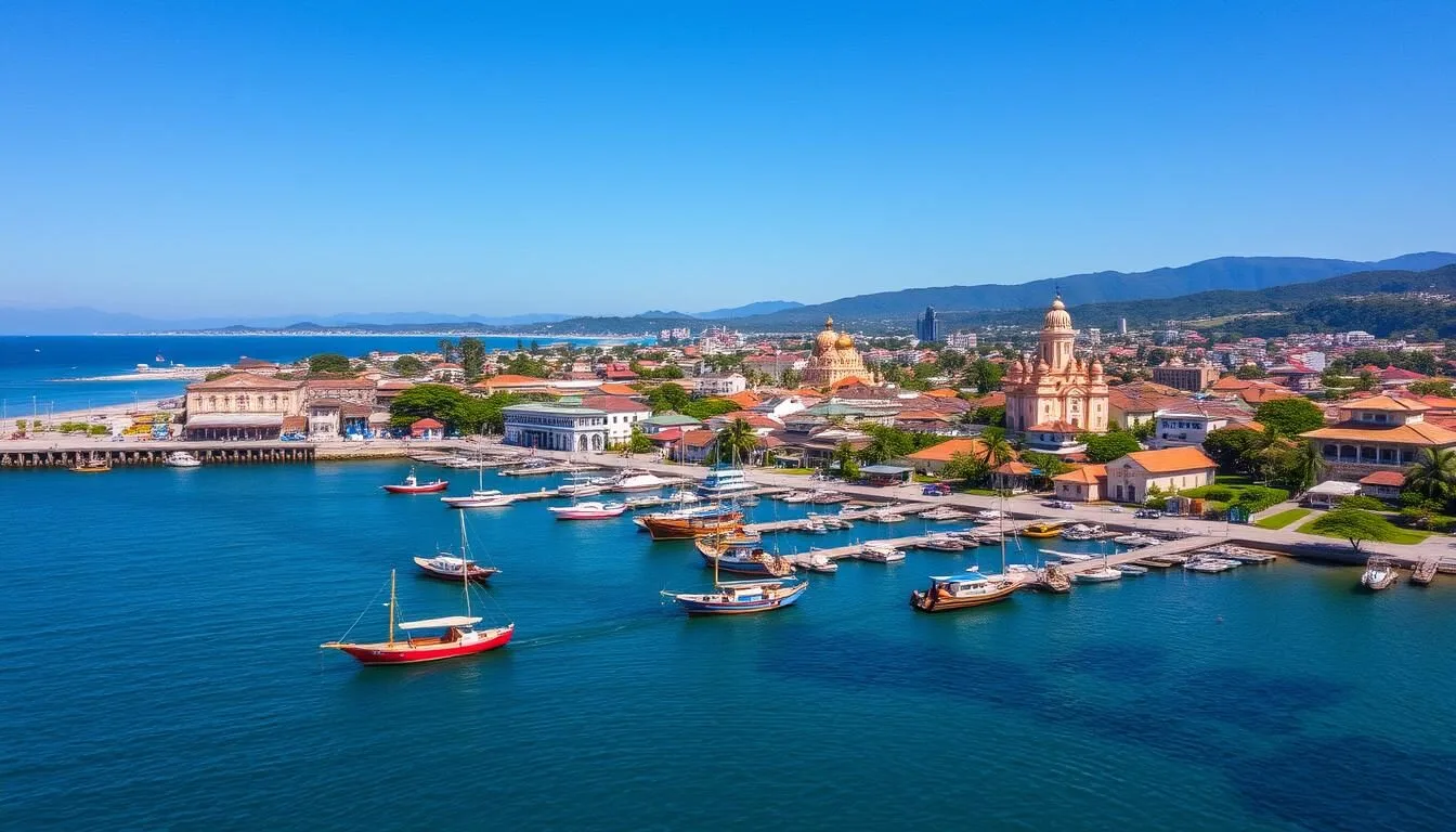 Aerial view of Singaraja's coastline with traditional boats and the old harbor, showcasing Bali's former colonial capital