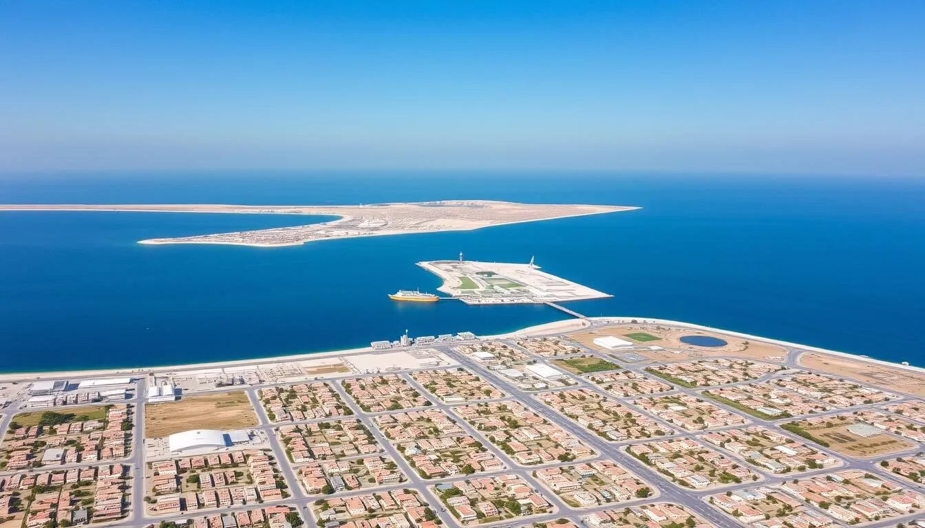 Aerial view of Sitra Island in Bahrain showing its coastline, industrial areas, and residential neighborhoods on a clear sunny day