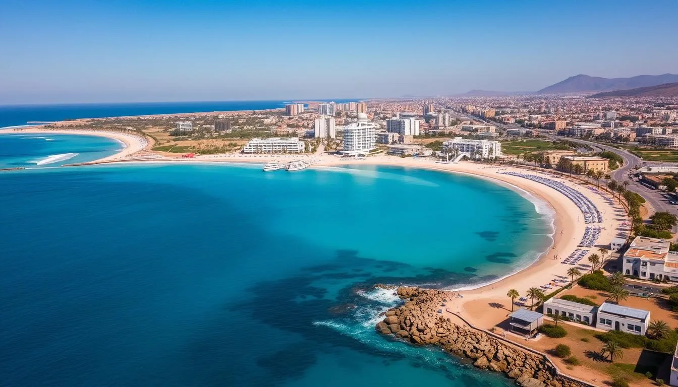 Aerial view of Skhirat coastline with the town and beach visible from above
