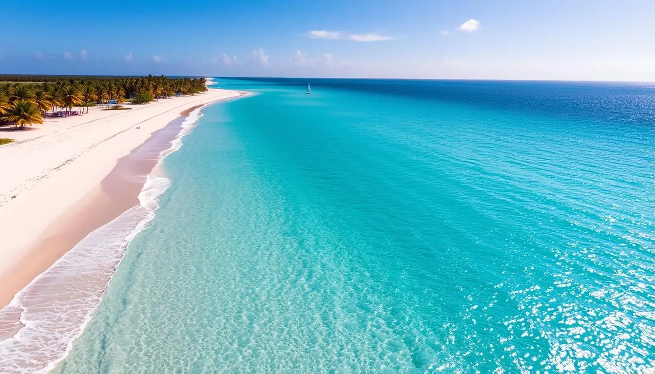 Aerial view of Sorobon Beach, Bonaire showing turquoise waters and white sand