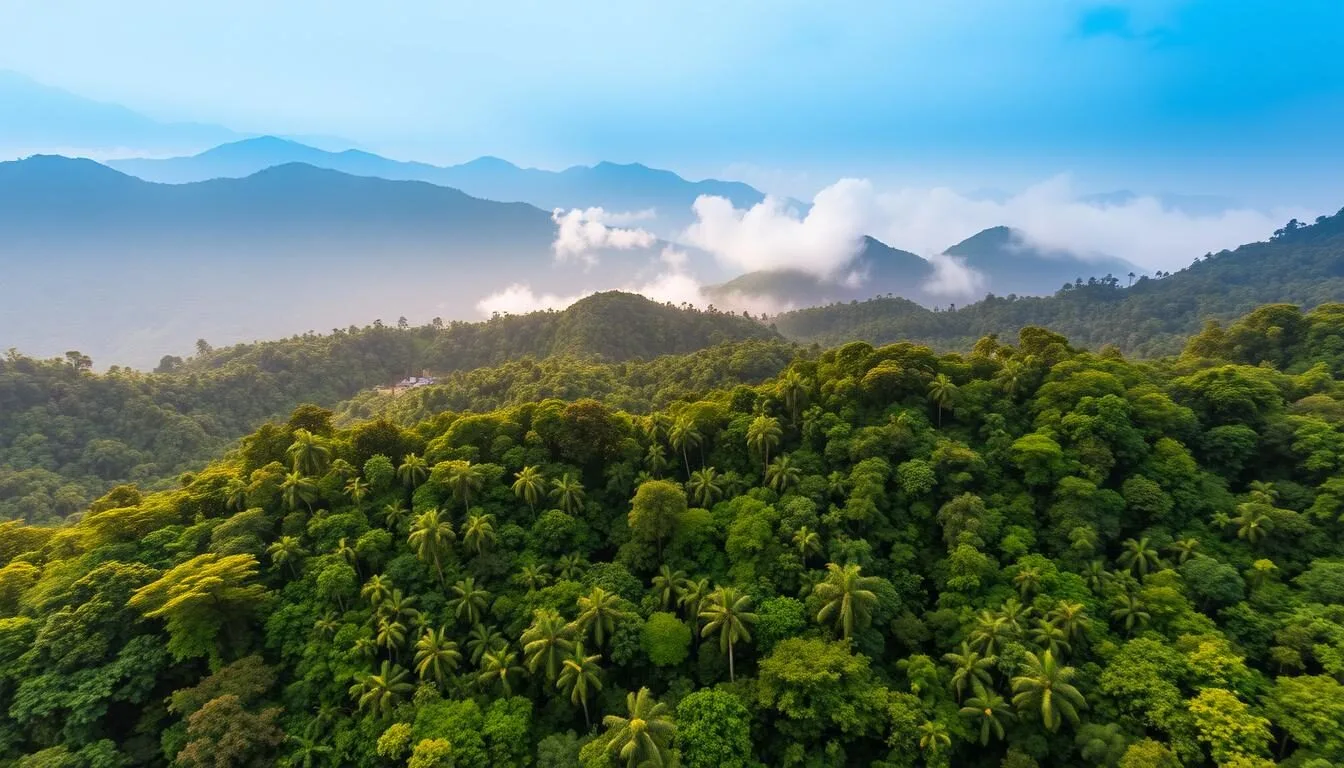 Aerial view of South Bukit Barisan National Park's lush rainforest canopy with mountains in the background