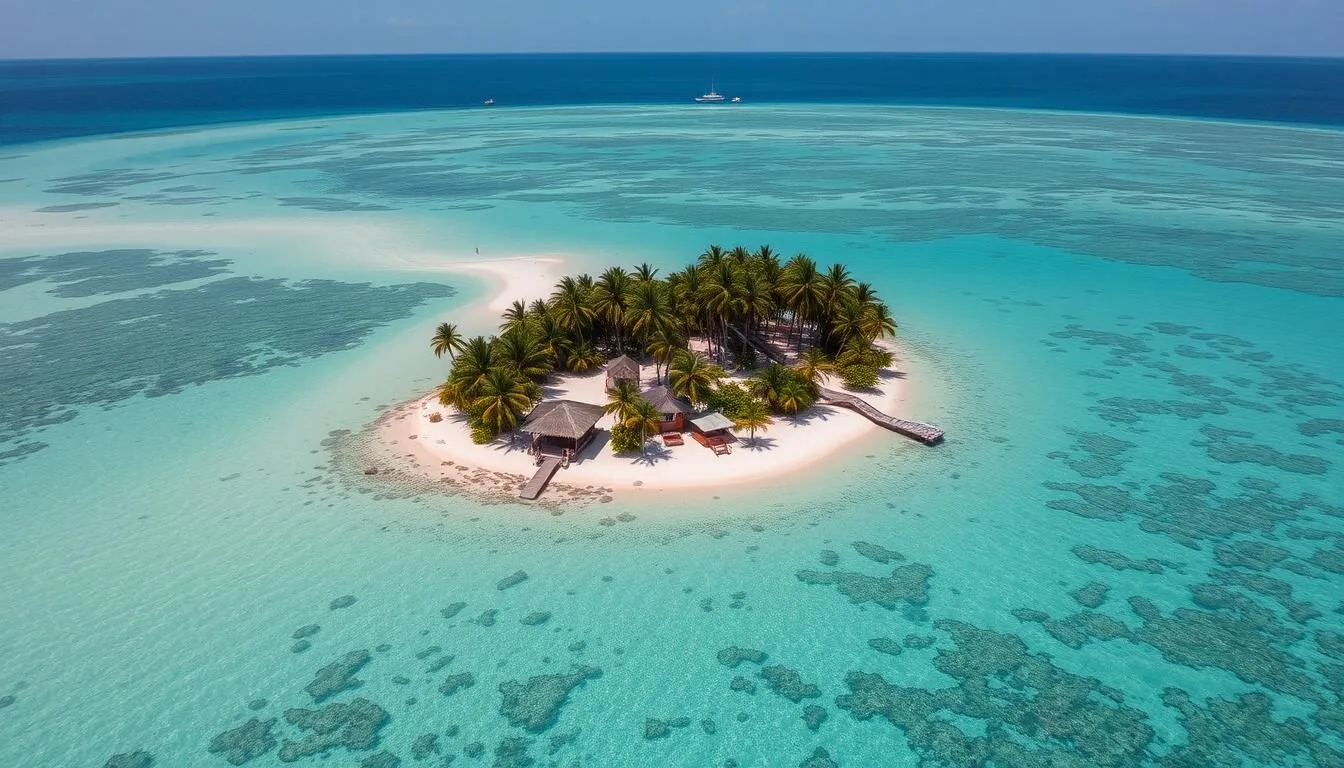 Aerial view of South Water Caye island with turquoise waters and the Belize Barrier Reef