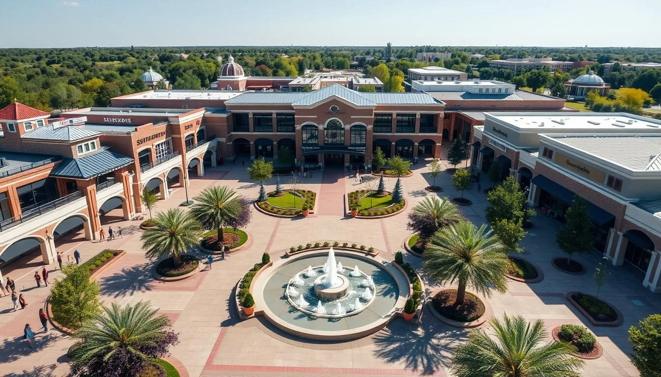 Aerial-view-of-Southlake-Town-Square-with-fountains-and-shopping-areas-on-a-sunny-day Aerial view of Southlake Town Square with fountains and shopping areas on a sunny day
