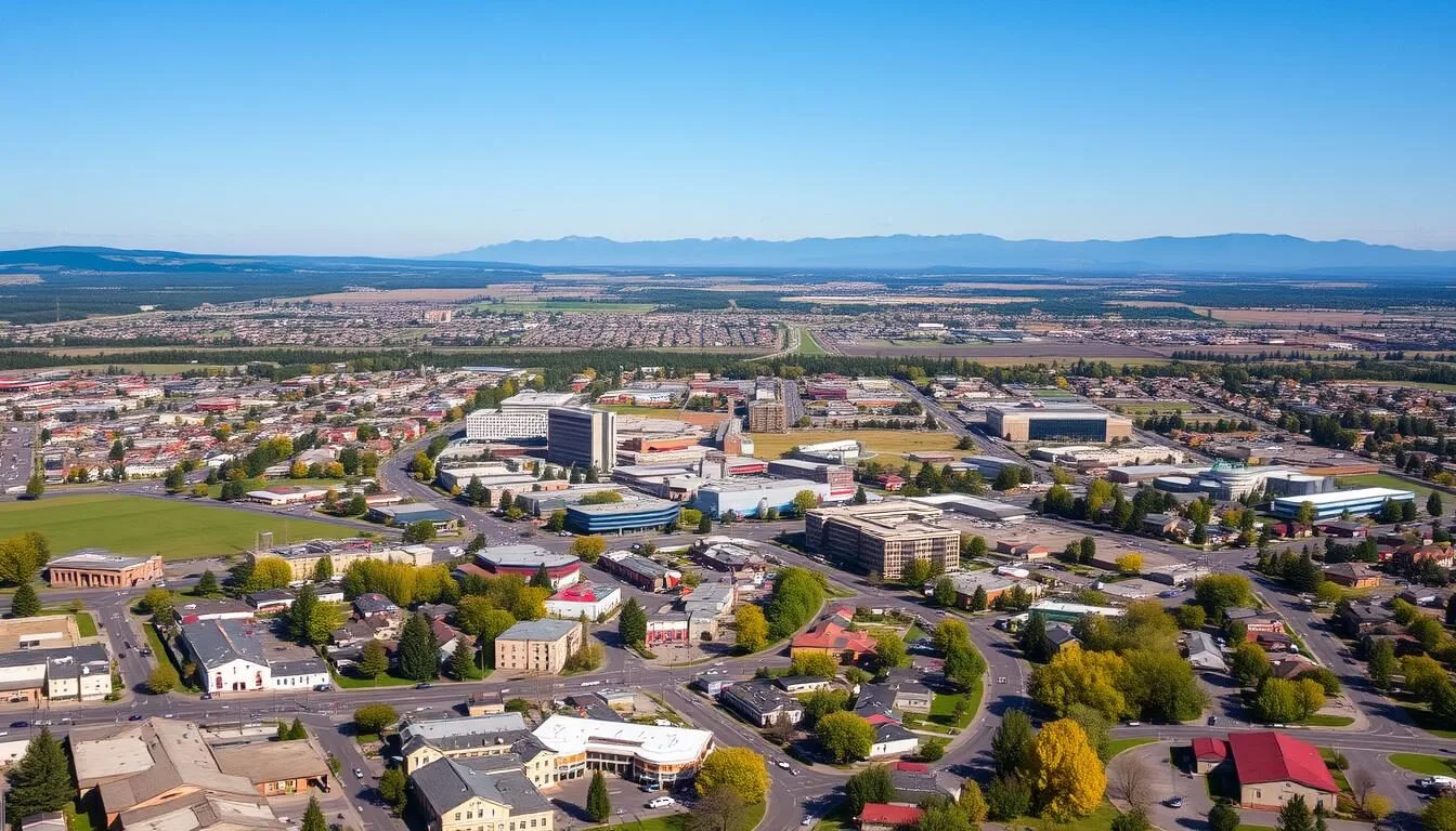 Aerial view of Springfield, Oregon with the Willamette Valley and mountains in the background