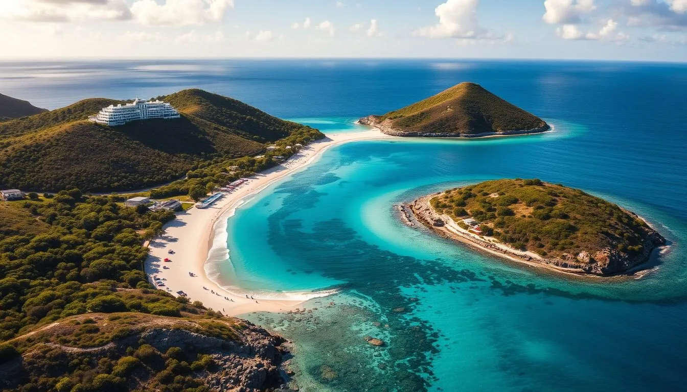 Aerial view of St. Barts with turquoise waters and lush green hills