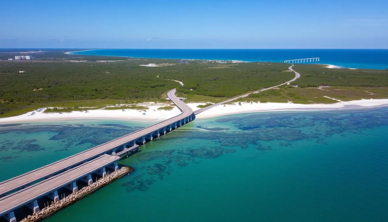 Aerial-view-of-St.-George-Island-State-Park-showing-the-bridge-connecting-to-mainland-Florida Aerial view of St. George Island State Park showing the bridge connecting to mainland Florida