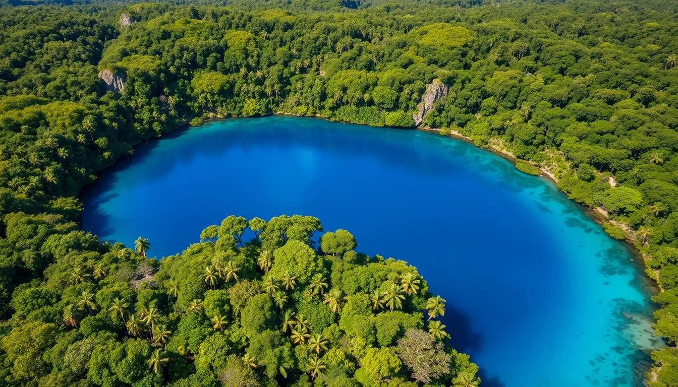 Aerial view of St. Herman's Blue Hole National Park showing the vibrant blue cenote surrounded by lush green jungle