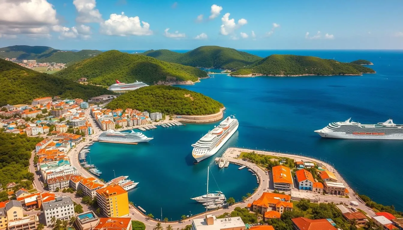 Aerial view of St. John's Antigua and Barbuda with colorful buildings and harbor