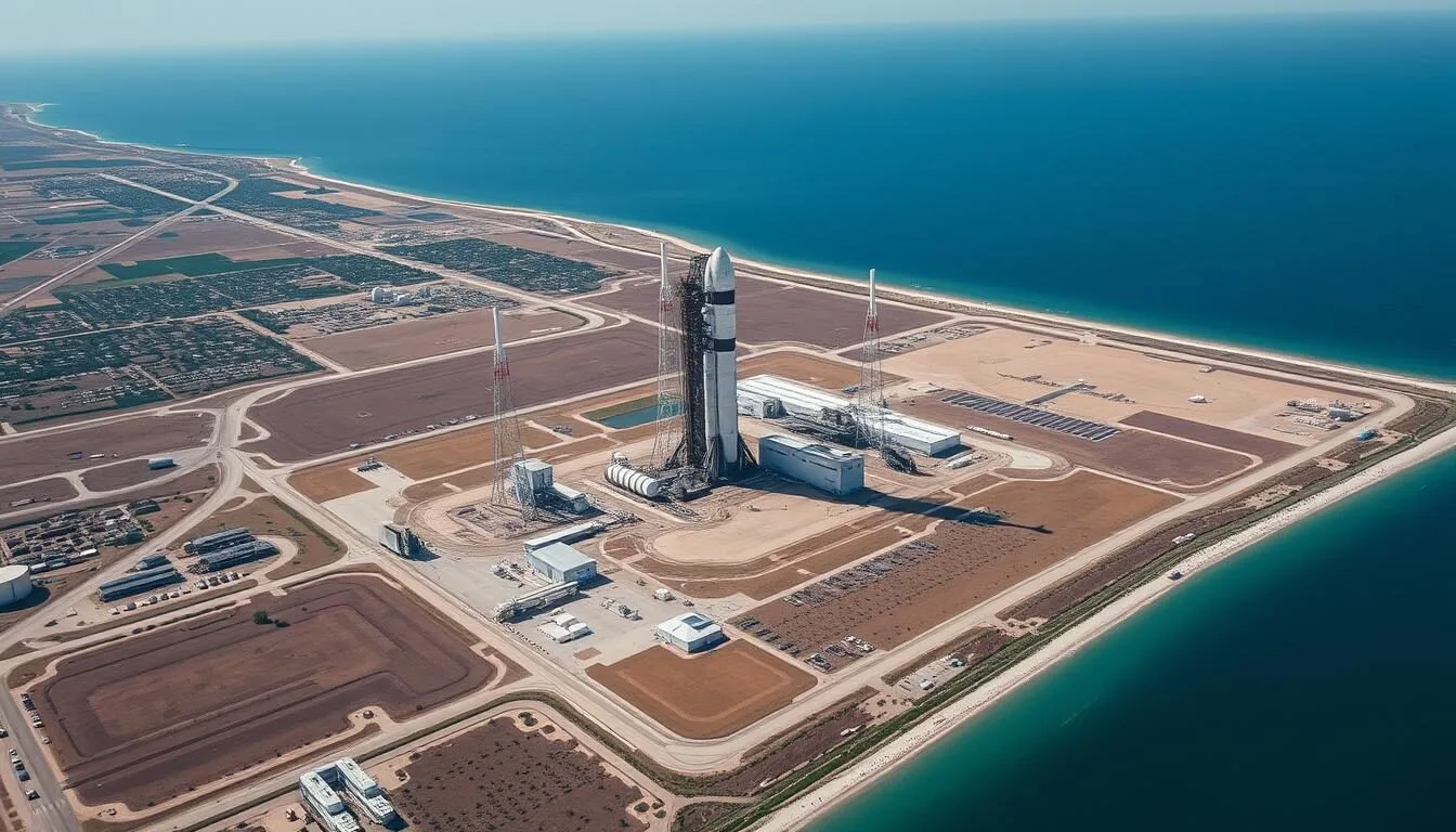 Aerial view of Starbase Texas facility with launch pad visible on a clear day
