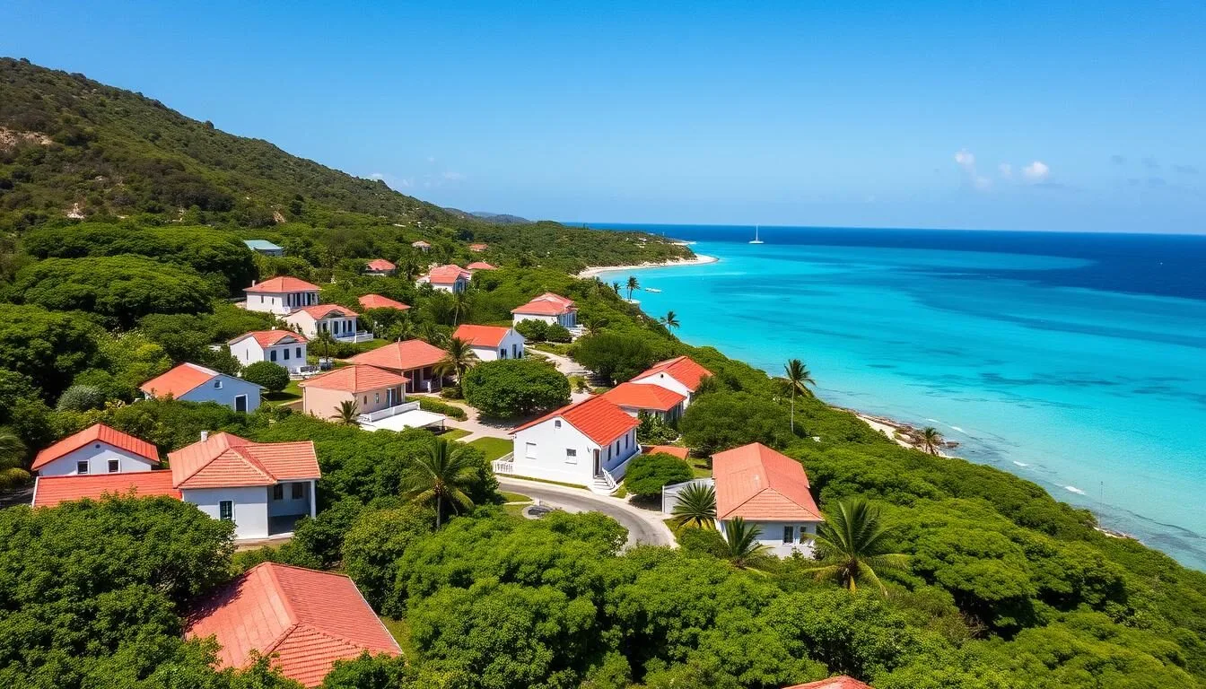 Aerial view of Stoney Ground Village, Anguilla with white buildings and turquoise waters in the background