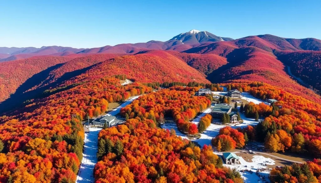 Aerial view of Stowe Mountain Resort in autumn with vibrant fall foliage surrounding the slopes and resort Aerial view of Stowe Mountain Resort in autumn with vibrant fall foliage surrounding the slopes and resort