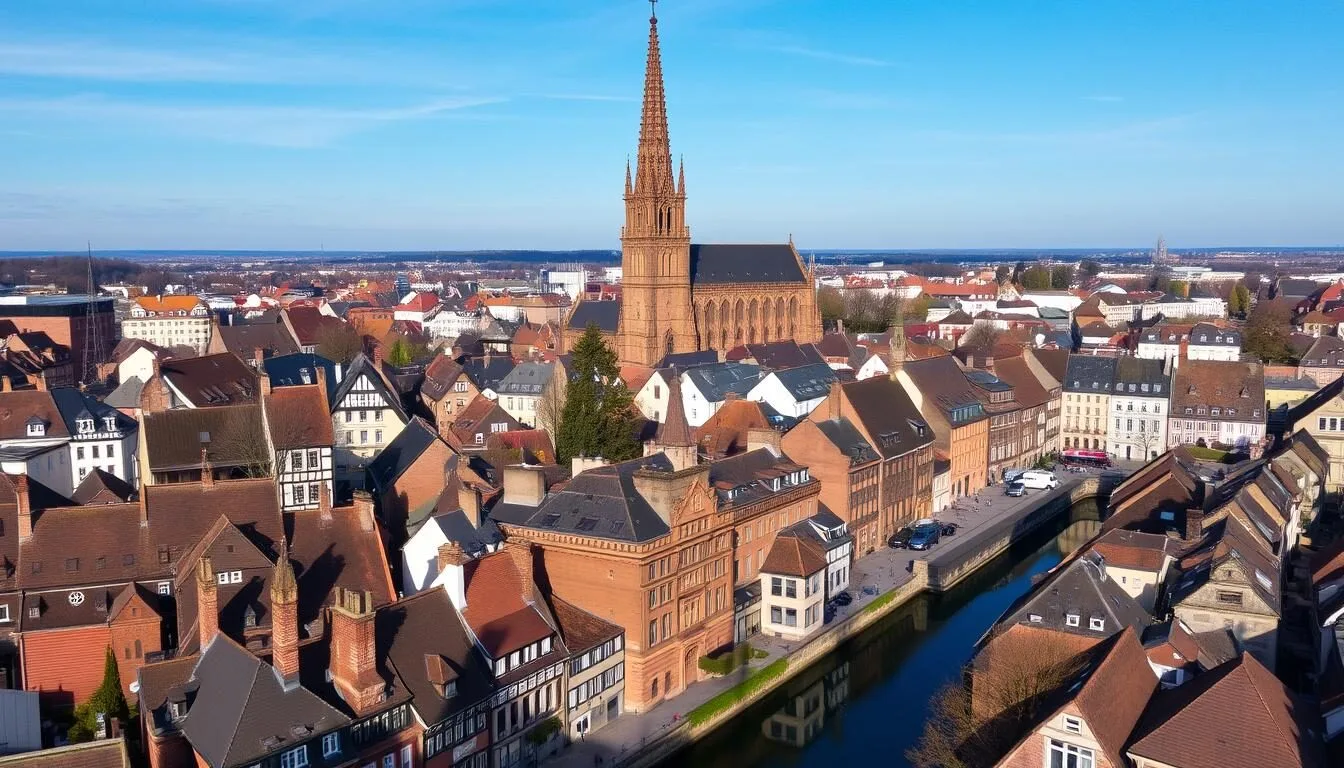 Aerial view of Strasbourg's historic center with the cathedral spire and surrounding canals on a clear spring day