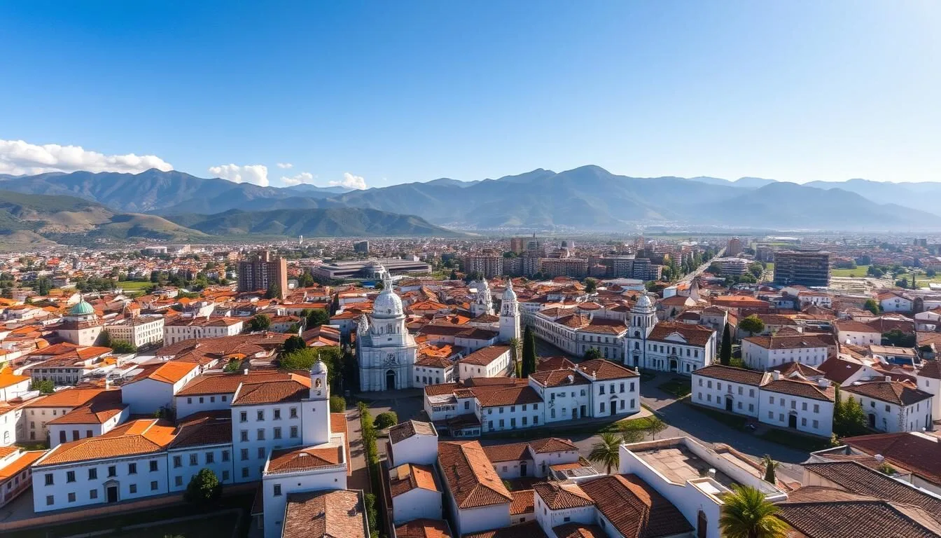 Aerial view of Sucre, Bolivia showing white colonial buildings with orange rooftops nestled in a valley