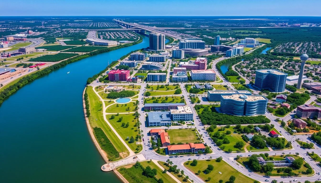 Aerial view of Sugar Land, Texas showing the city layout with green spaces and modern buildings