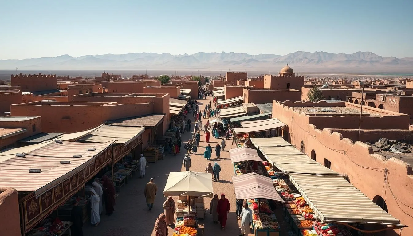 Aerial view of Suq as-Sabt Awlad an-Nama weekly market in Morocco with colorful stalls and local vendors