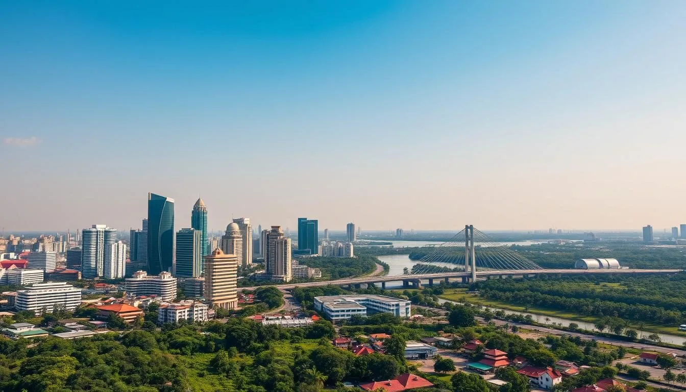 Aerial view of Surabaya city skyline with the Suramadu Bridge connecting Surabaya and Madura Island